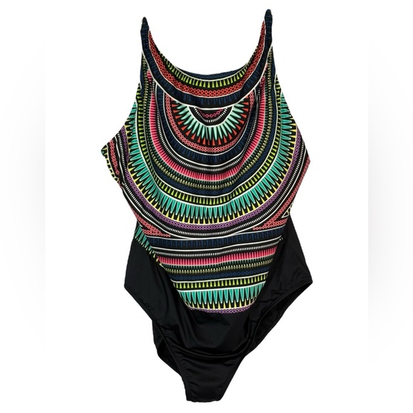 Cleanwater Black One Piece Swimsuit w/‎ Multi-Color Fun Pattern (Size 24W) - Picture 1 of 3